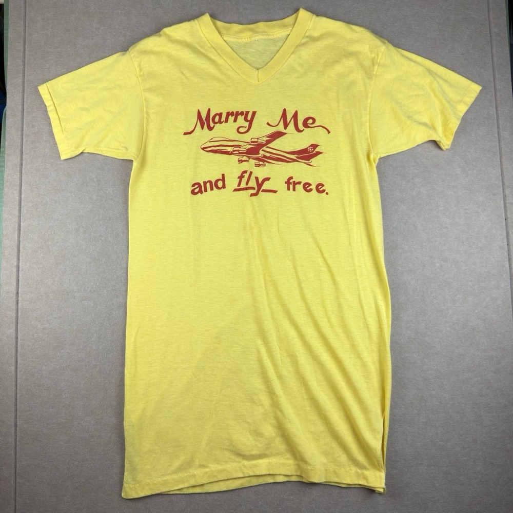 Vintage Shirt Men Small‎ Yellow Single Stitch Marry Me Fly Free Airplane Tee USA